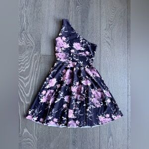 Exotica Understated Black Floral Silky One Shoulder Comfort Crop Mini Dress